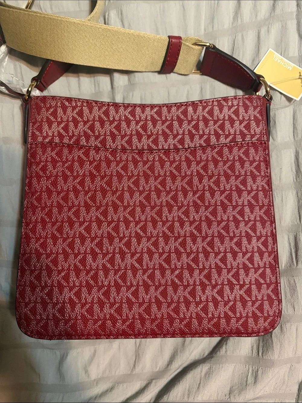 Michael Kors Burgundy and White Signature Stripe Crossbody Bag
